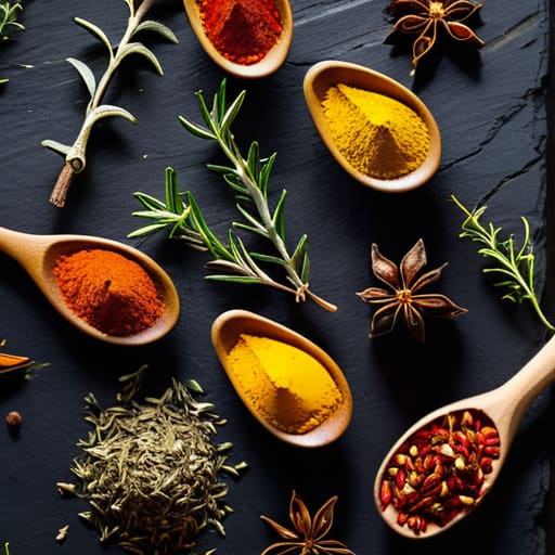 Assorted colorful spices and herbs.